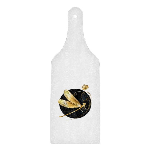 Golden dragonfly in black circle cutting board (Front)