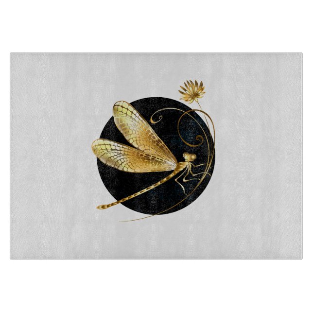 Golden dragonfly in black circle cutting board (Front)