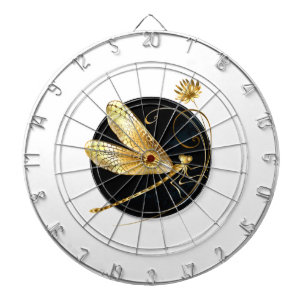 Golden dragonfly in black circle dartboard