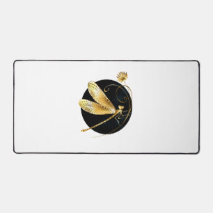 Golden dragonfly in black circle desk mat