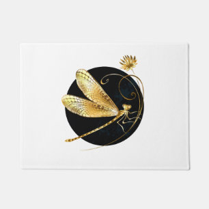 Golden dragonfly in black circle doormat