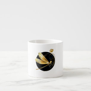 Golden dragonfly in black circle espresso cup