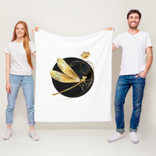 Golden dragonfly in black circle fleece blanket