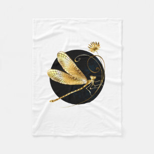 Golden dragonfly in black circle fleece blanket
