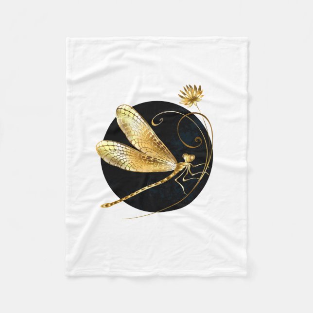 Golden dragonfly in black circle fleece blanket (Front)