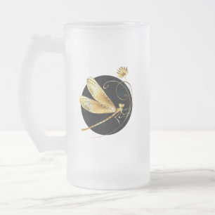 Golden dragonfly in black circle frosted glass beer mug