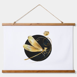 Golden dragonfly in black circle hanging tapestry