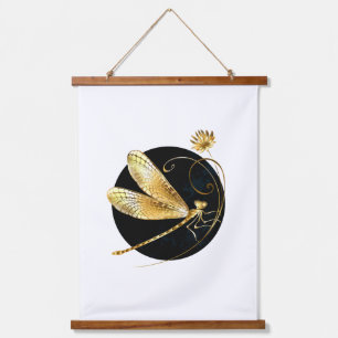 Golden dragonfly in black circle hanging tapestry