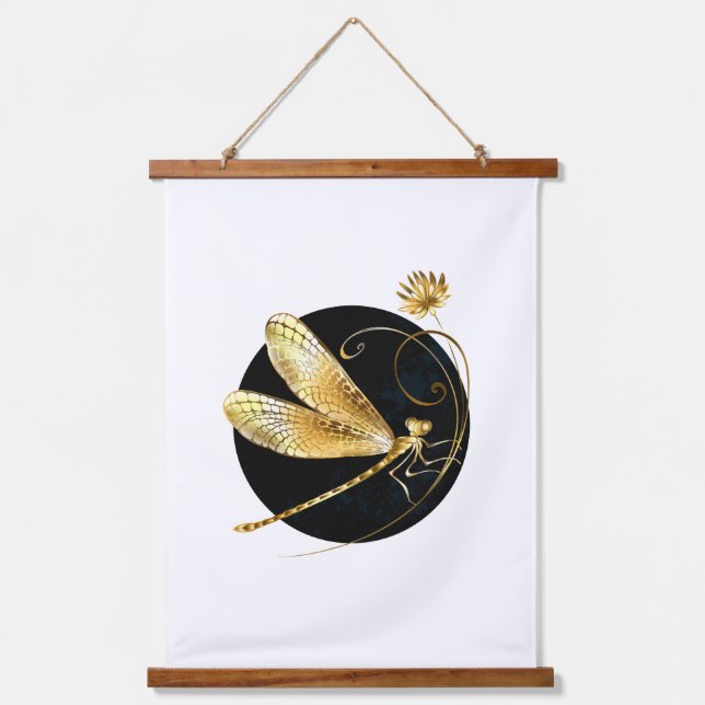 Golden dragonfly in black circle hanging tapestry (Front)