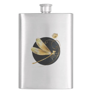 Golden dragonfly in black circle hip flask