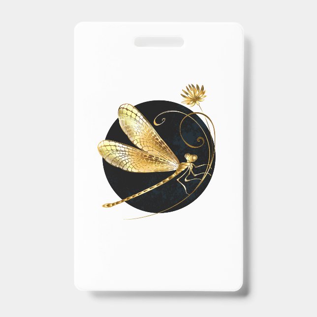Golden dragonfly in black circle ID badge (Front)
