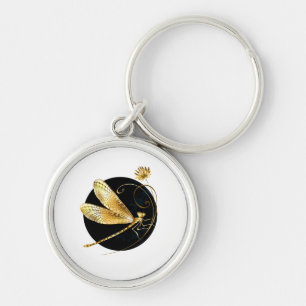 Golden dragonfly in black circle key ring