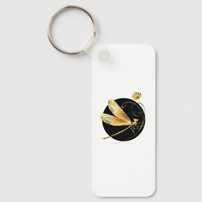 Golden dragonfly in black circle key ring (Front)