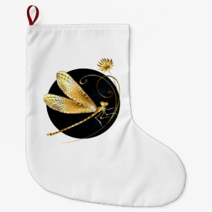 Golden dragonfly in black circle large christmas stocking