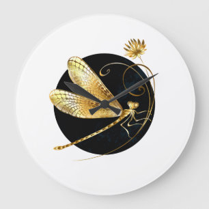 Golden dragonfly in black circle large clock