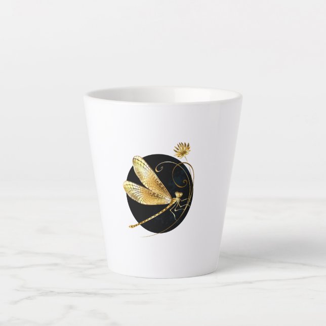 Golden dragonfly in black circle latte mug (Front)