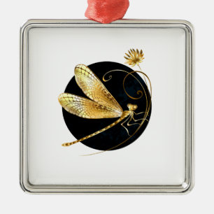 Golden dragonfly in black circle metal tree decoration