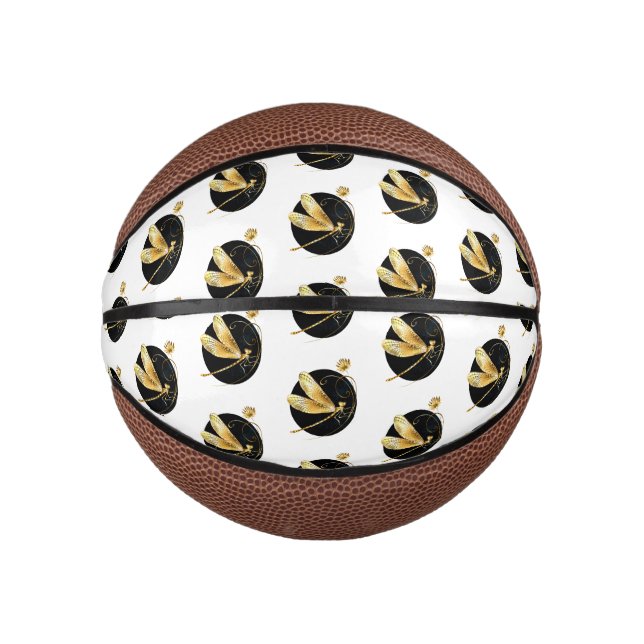 Golden dragonfly in black circle mini basketball (Front)
