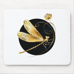 Golden dragonfly in black circle mouse mat
