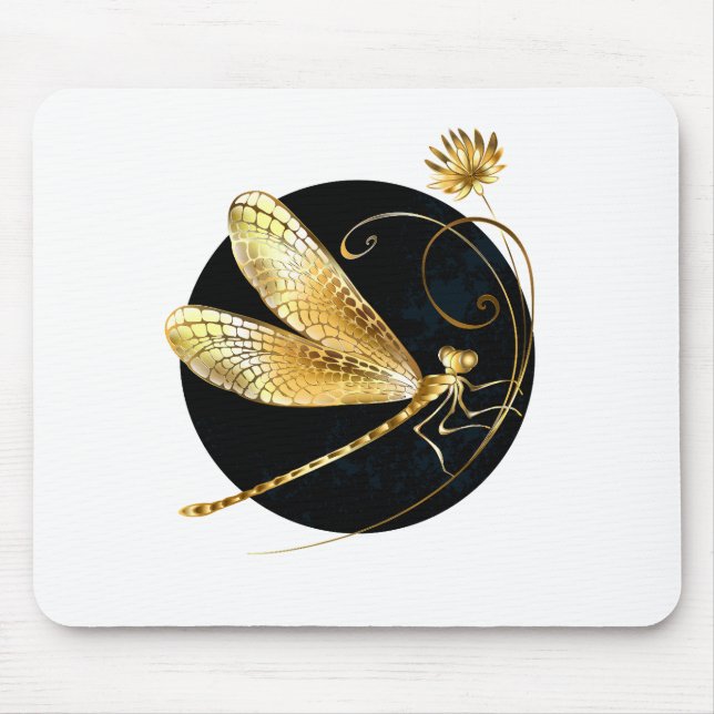 Golden dragonfly in black circle mouse mat (Front)