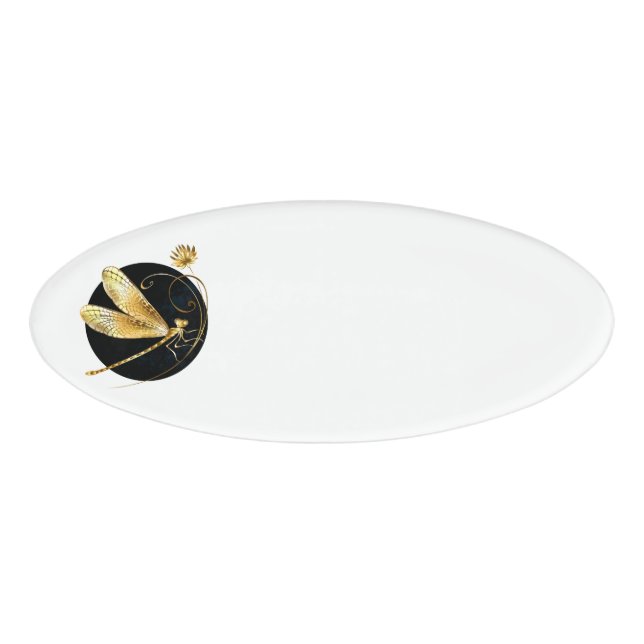 Golden dragonfly in black circle name tag (Front)