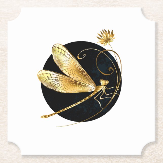 Golden dragonfly in black circle paper coaster (Front)