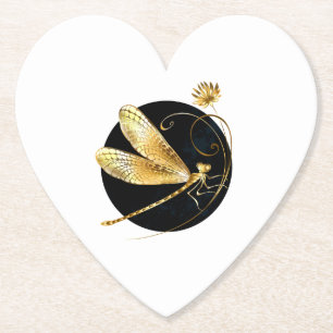 Golden dragonfly in black circle paper coaster