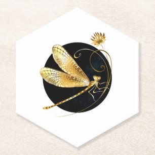 Golden dragonfly in black circle paper coaster