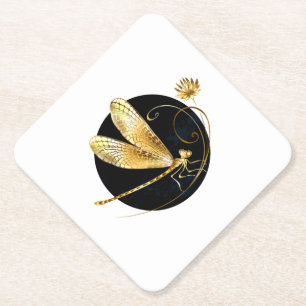 Golden dragonfly in black circle paper coaster