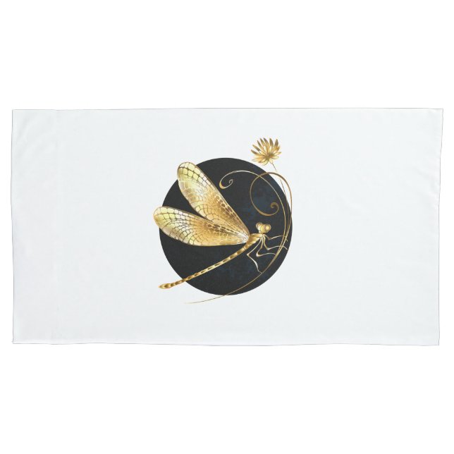 Golden dragonfly in black circle pillowcase (Front-Left)