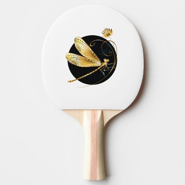 Golden dragonfly in black circle ping pong paddle (Front)
