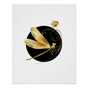 Golden dragonfly in black circle poster