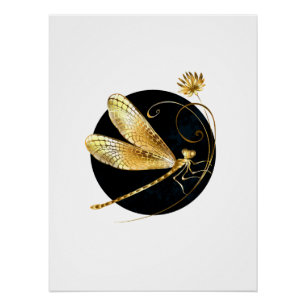 Golden dragonfly in black circle poster
