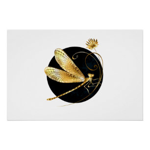 Golden dragonfly in black circle poster
