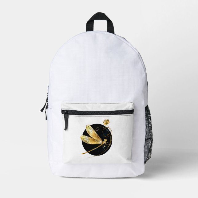 Golden dragonfly in black circle printed backpack (Front)