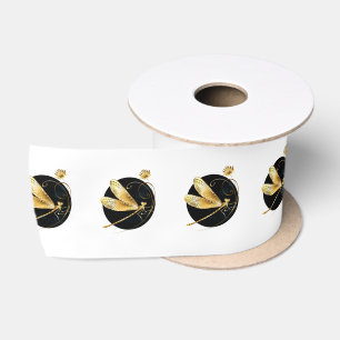 Golden dragonfly in black circle satin ribbon
