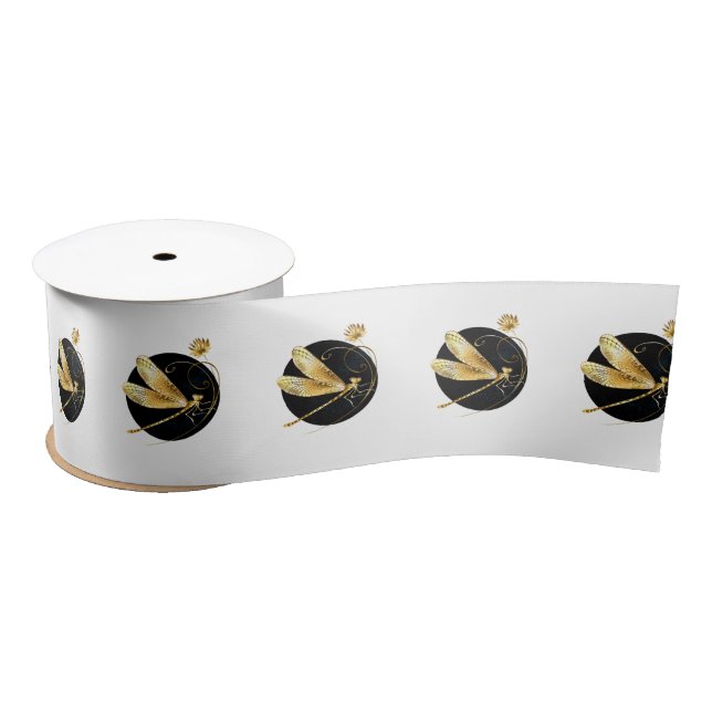 Golden dragonfly in black circle satin ribbon (Spool)