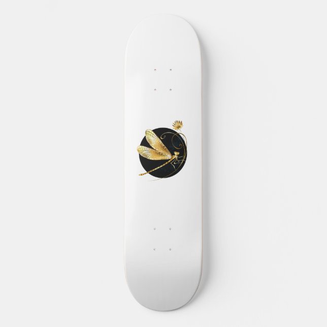 Golden dragonfly in black circle skateboard (Front)