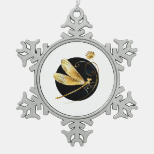 Golden dragonfly in black circle snowflake pewter christmas ornament