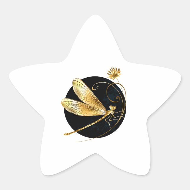 Golden dragonfly in black circle star sticker (Front)