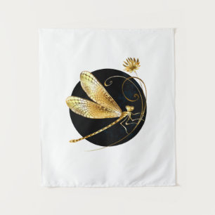 Golden dragonfly in black circle tapestry