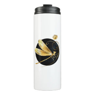 Golden dragonfly in black circle thermal tumbler