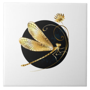 Golden dragonfly in black circle tile
