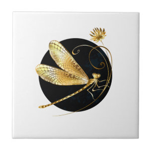 Golden dragonfly in black circle tile