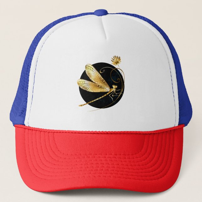 Golden dragonfly in black circle trucker hat (Front)