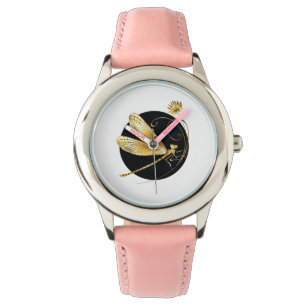 Golden dragonfly in black circle watch
