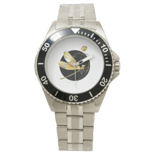 Golden dragonfly in black circle watch