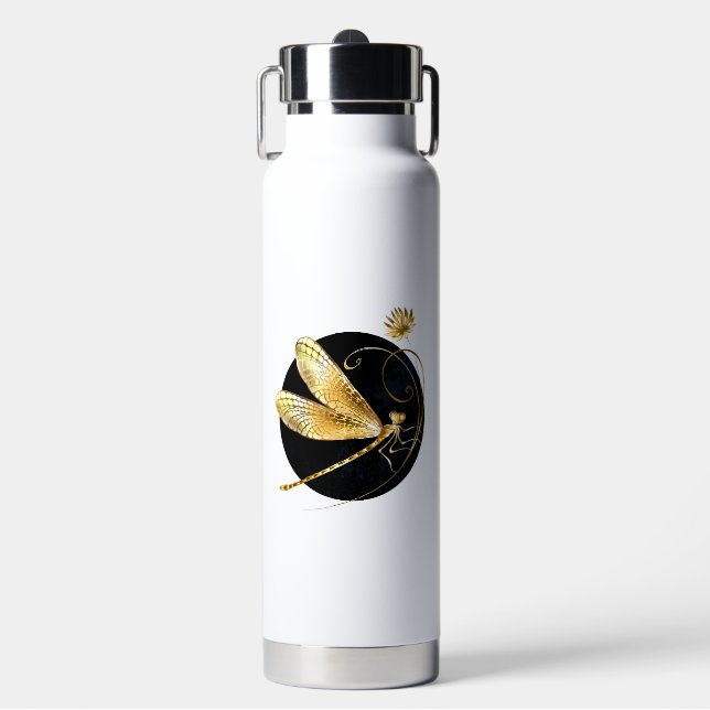 Golden dragonfly in black circle water bottle (Front)