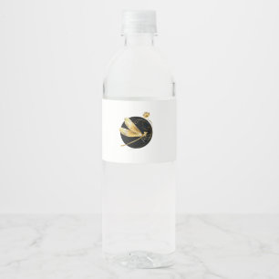 Golden dragonfly in black circle water bottle label