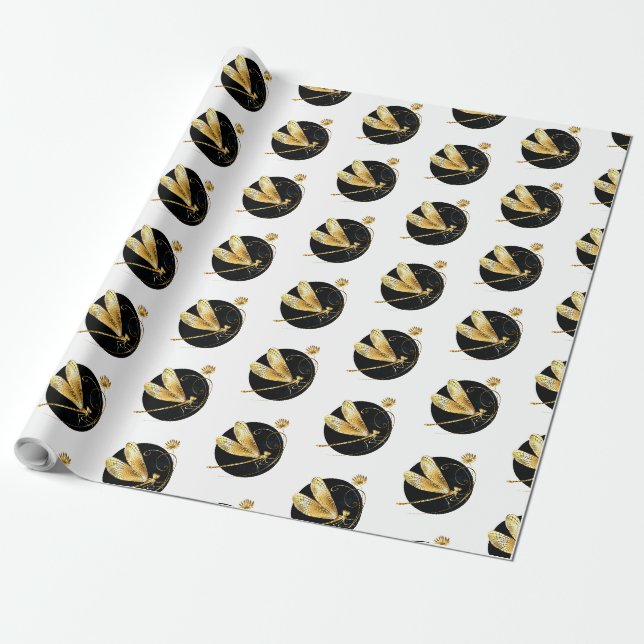 Golden dragonfly in black circle wrapping paper (Unrolled)
